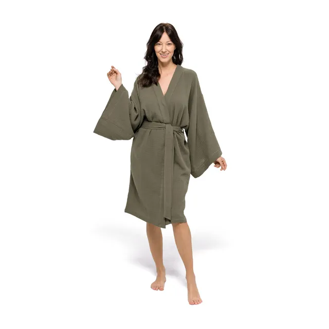 m-ve-kimono-zen-bademantel-100-baumwoll-musselin-knielang-extra-leicht-olive image 1