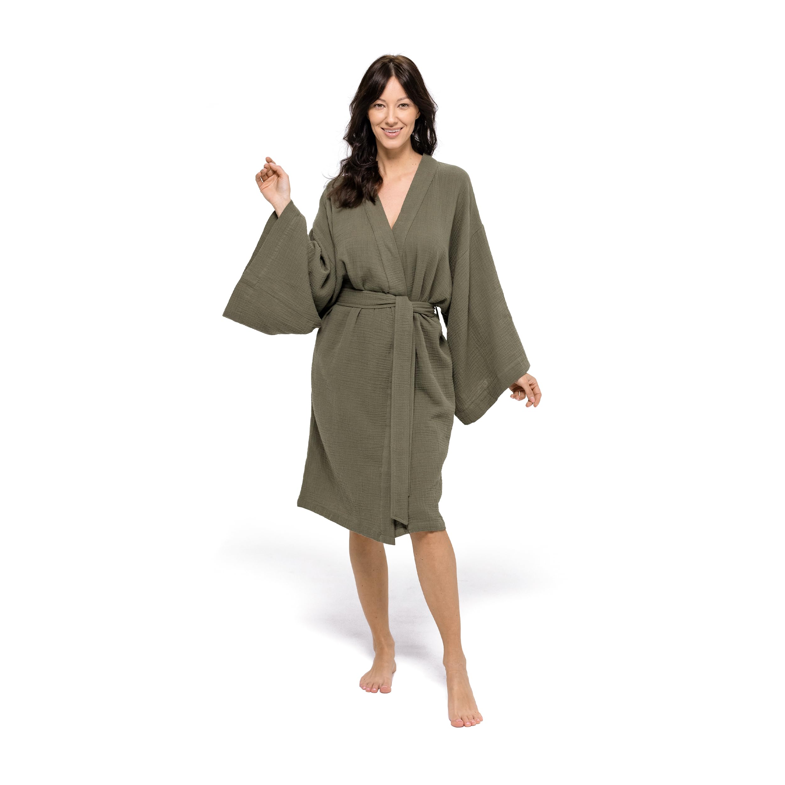 m-ve-kimono-zen-bademantel-100-baumwoll-musselin-knielang-extra-leicht-olive image 1